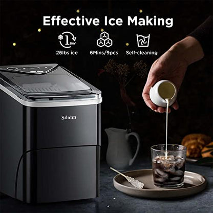 Silonn Ice Maker Countertop, 9 Cubes Ready in 6 Mins Self-Cleaning Ice Machine with Ice Scoop and Basket