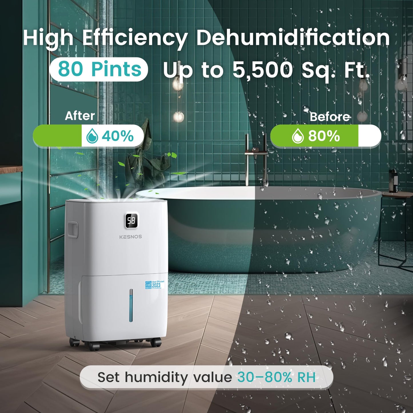 Kesnos 80 Pints Most Efficient Energy Star Dehumidifier with Front LCD Display for Home