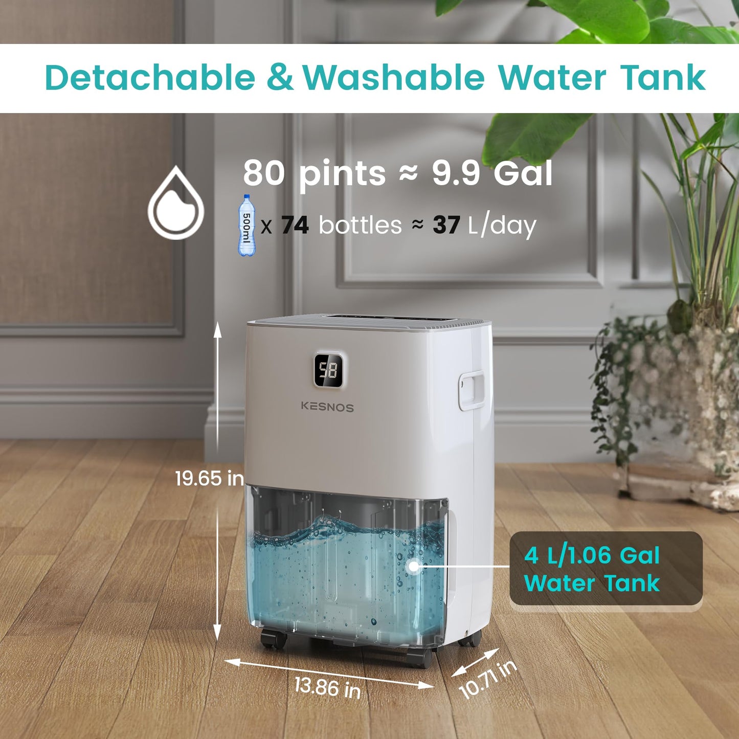 Kesnos 80 Pints Most Efficient Energy Star Dehumidifier with Front LCD Display for Home